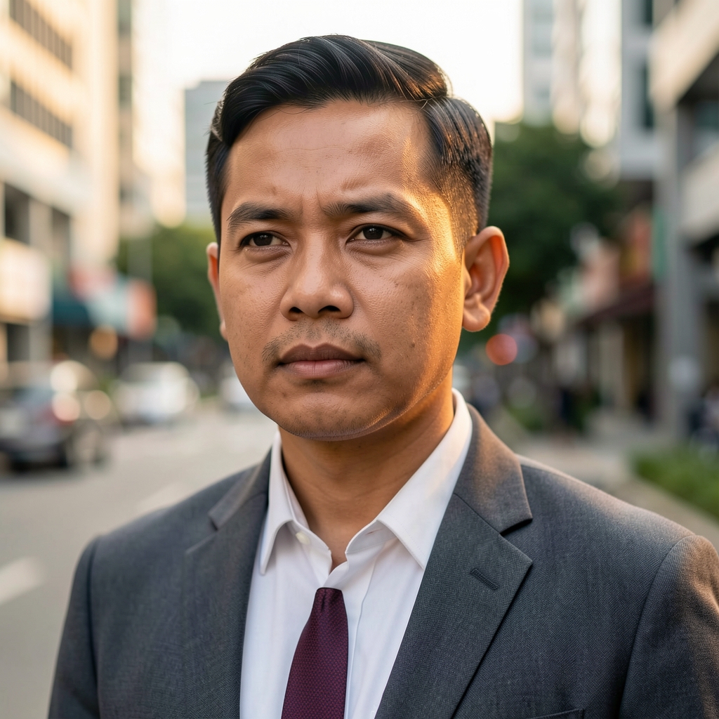 Male editorial portrait of the primary editor in warm natural light, thoughtful expression, Jakarta outdoor urban setting