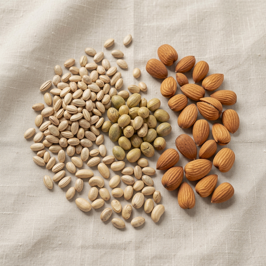 Zinc-rich seeds, legumes and nuts arranged on pale linen cloth, minimal editorial flat lay, natural light