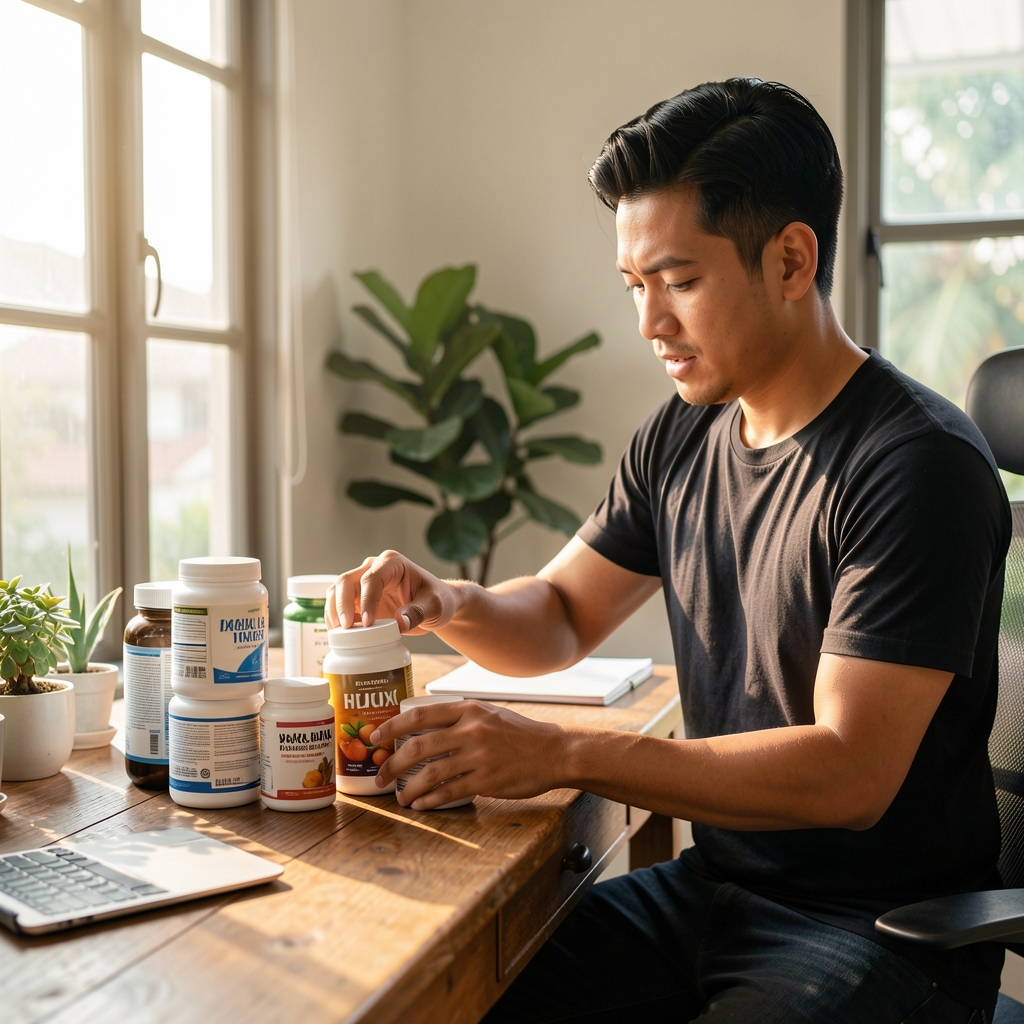 Active man arranging supplement containers on a wooden desk in a sunlit Jakarta home office, editorial morning light